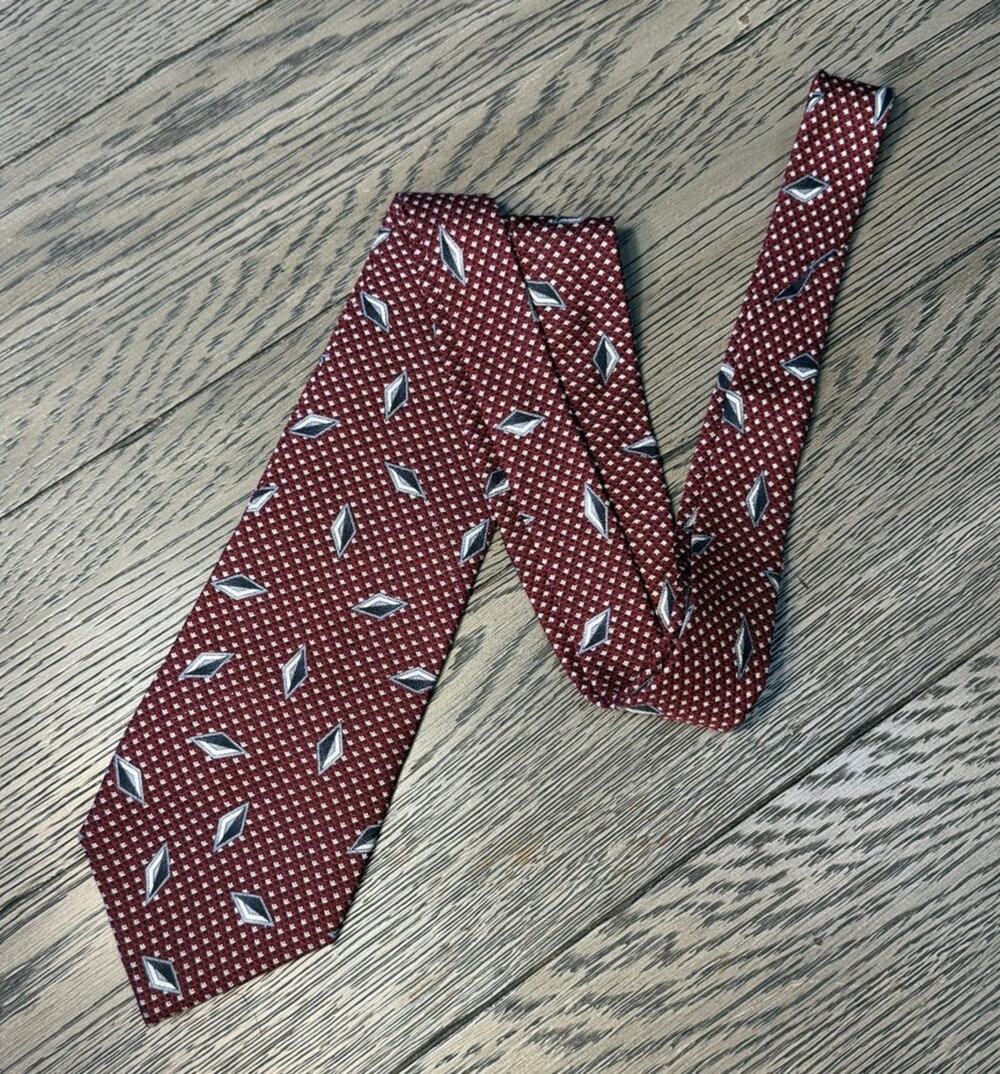 Alexander Lloyd Gray Burgundy Black White Geometric 100% Silk Men's XL Tie